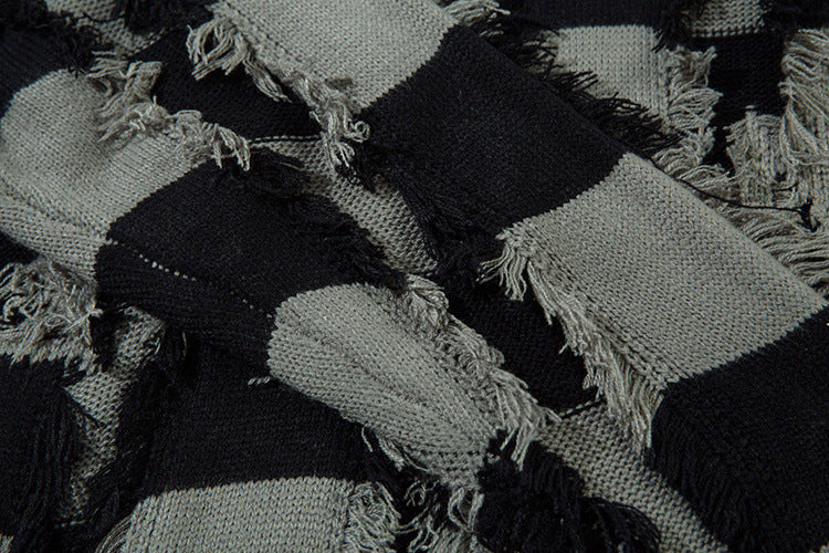 Pull oversize en maille rayée à étoiles délavée – Col rond à franges