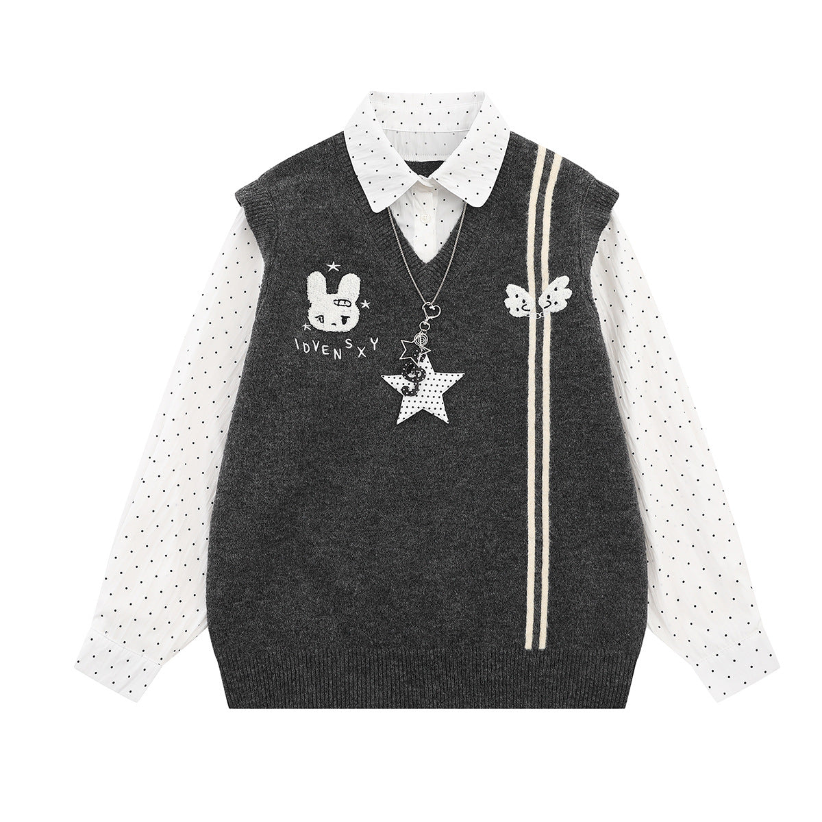 Faux two-piece knit sweater with bunny embroidery, polka-dot shirt collar, star charm pendant, and cream varsity stripes in c
