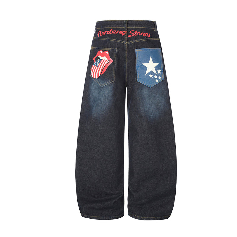 Jean baggy à jambes larges avec poches arrière graphiques – Coupe tonneau oversize