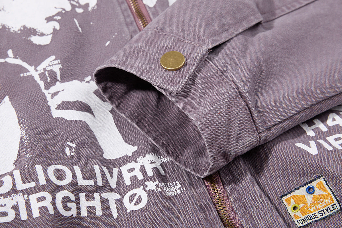 Traceback Graphic Washed Canvas Bomber Jacket with Corduroy Collar