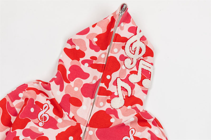 Men's Camo Zip-Up Hoodie with Music Note Embroidery – Oversized Streetwear