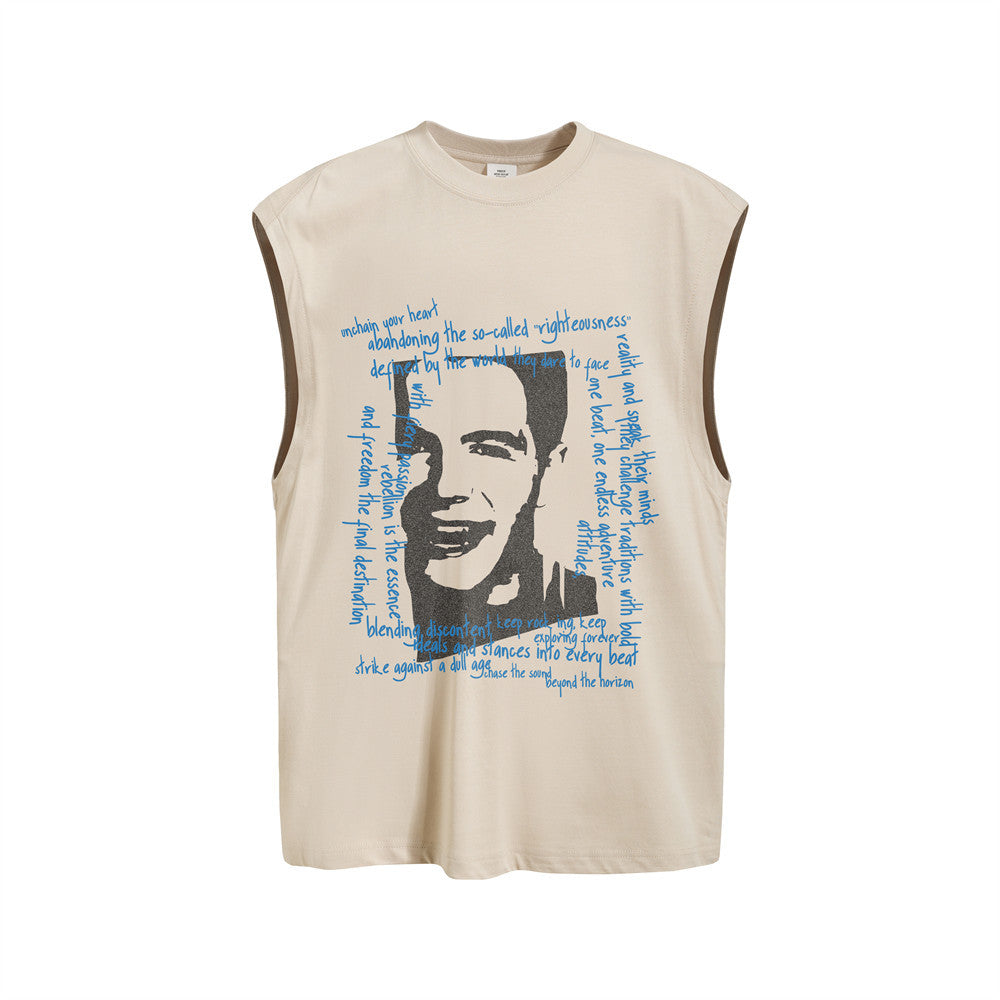 Oversized Sleeveless Tank Top with Vintage Portrait & Lyric Print