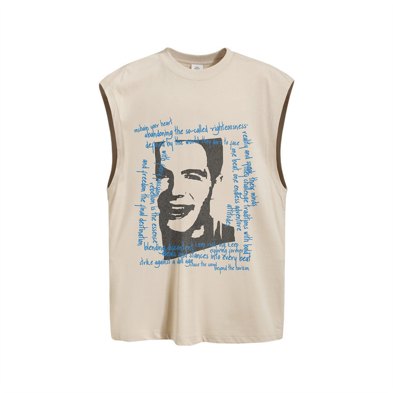 Oversized Sleeveless Tank Top with Vintage Portrait & Lyric Print