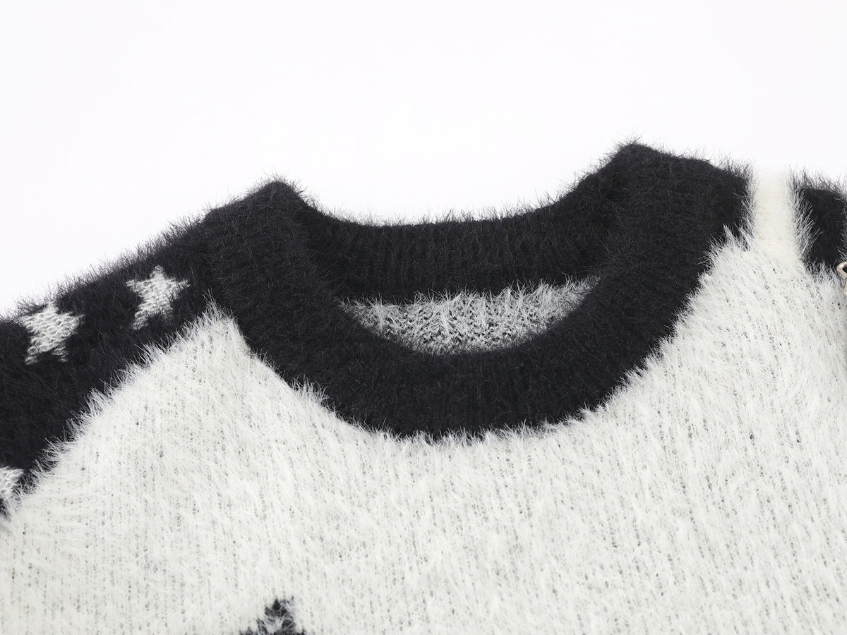 Cartoon Rabbit Angel Knit Sweater – Mixed Star & Stripe Fuzzy Pullover with