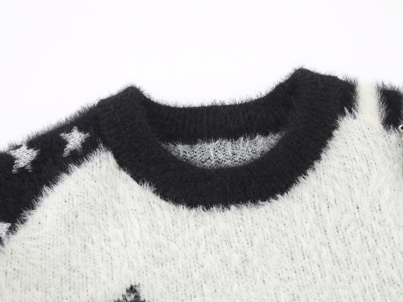 Cartoon Rabbit Angel Knit Sweater – Mixed Star & Stripe Fuzzy Pullover with