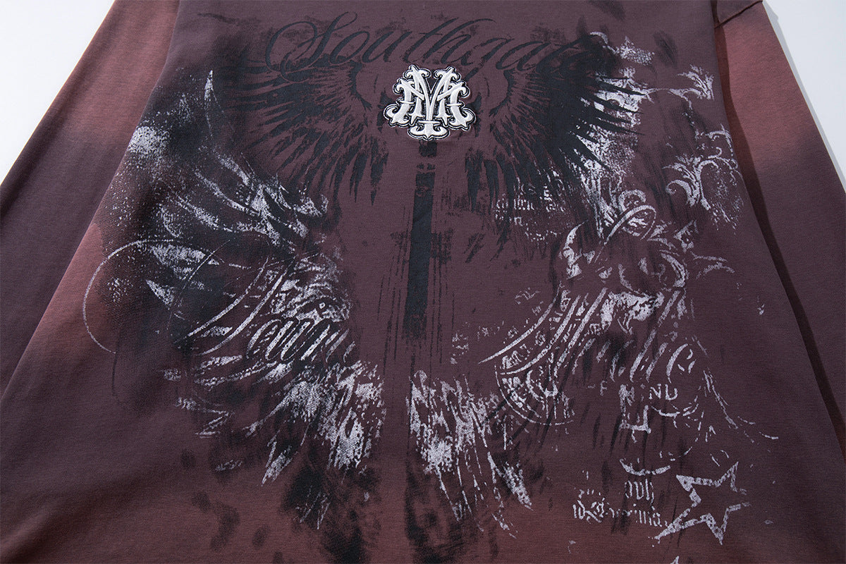 T-shirt graphique à manches longues – Ailes et inscription effet délavé, coupe oversize