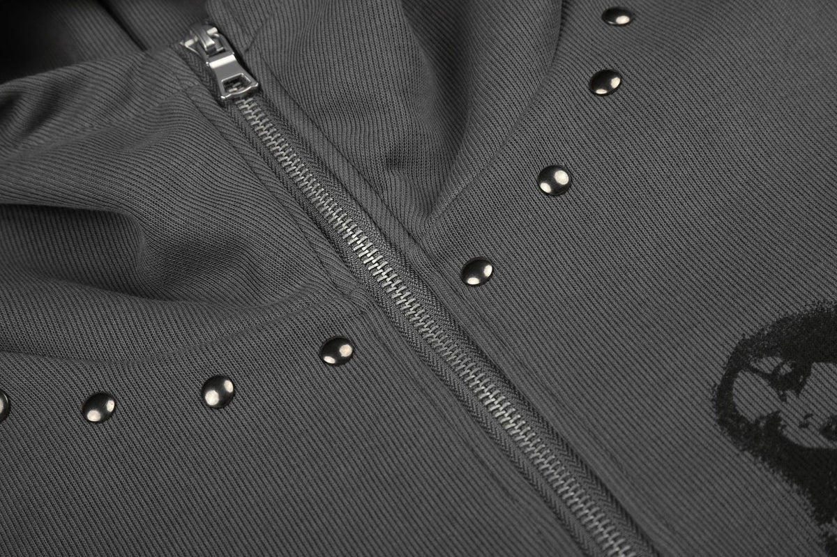 Graphic Zip-Up Hoodie – Dark Grey Studded Streetwear Cardigan with Anime Print