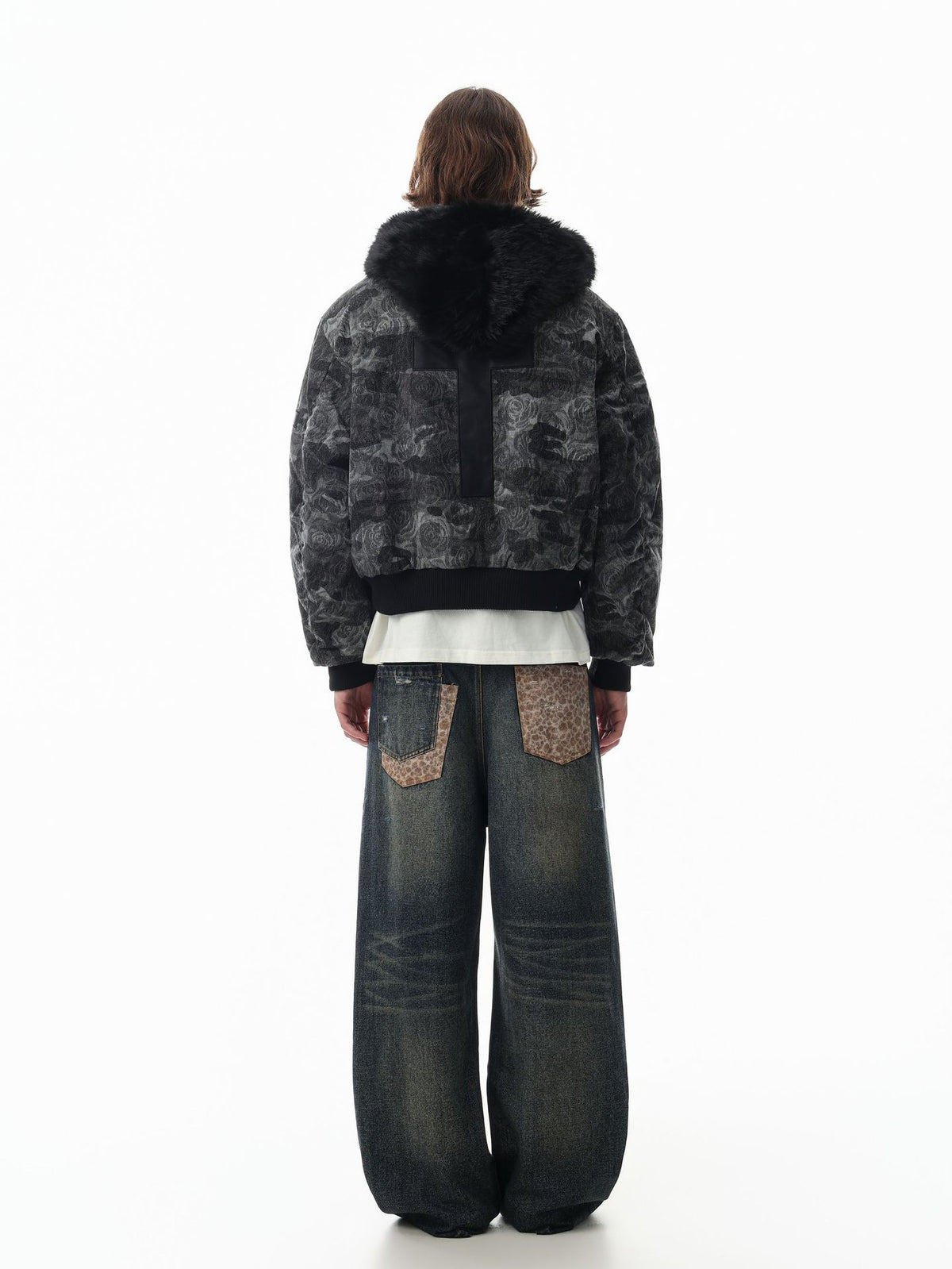 Rose Camo Hooded Bomber Jacket with Faux Fur Collar
