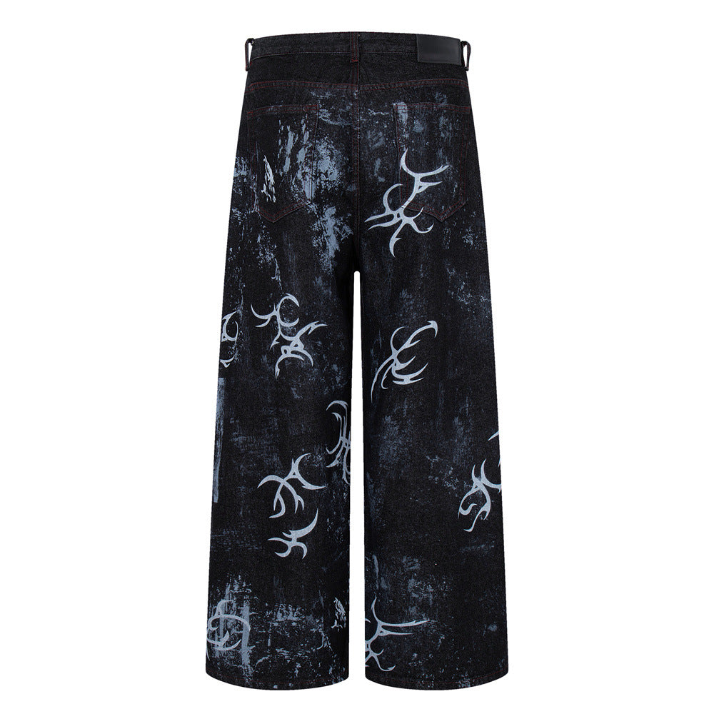 Tribal Print Baggy Jeans – Black Distressed Wide-Leg Denim