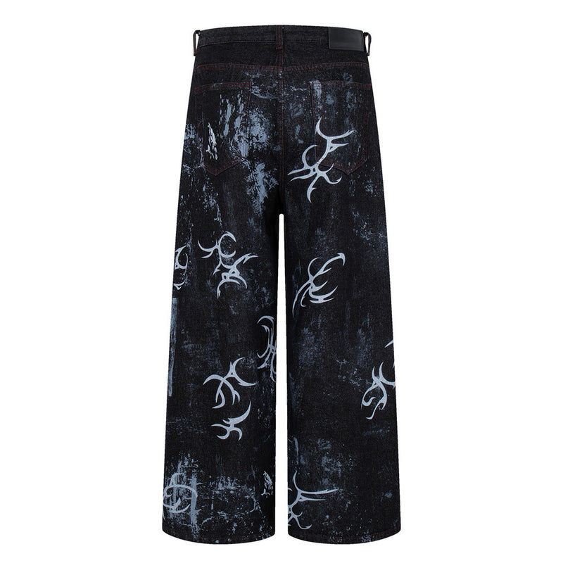 Tribal Print Baggy Jeans – Black Distressed Wide-Leg Denim
