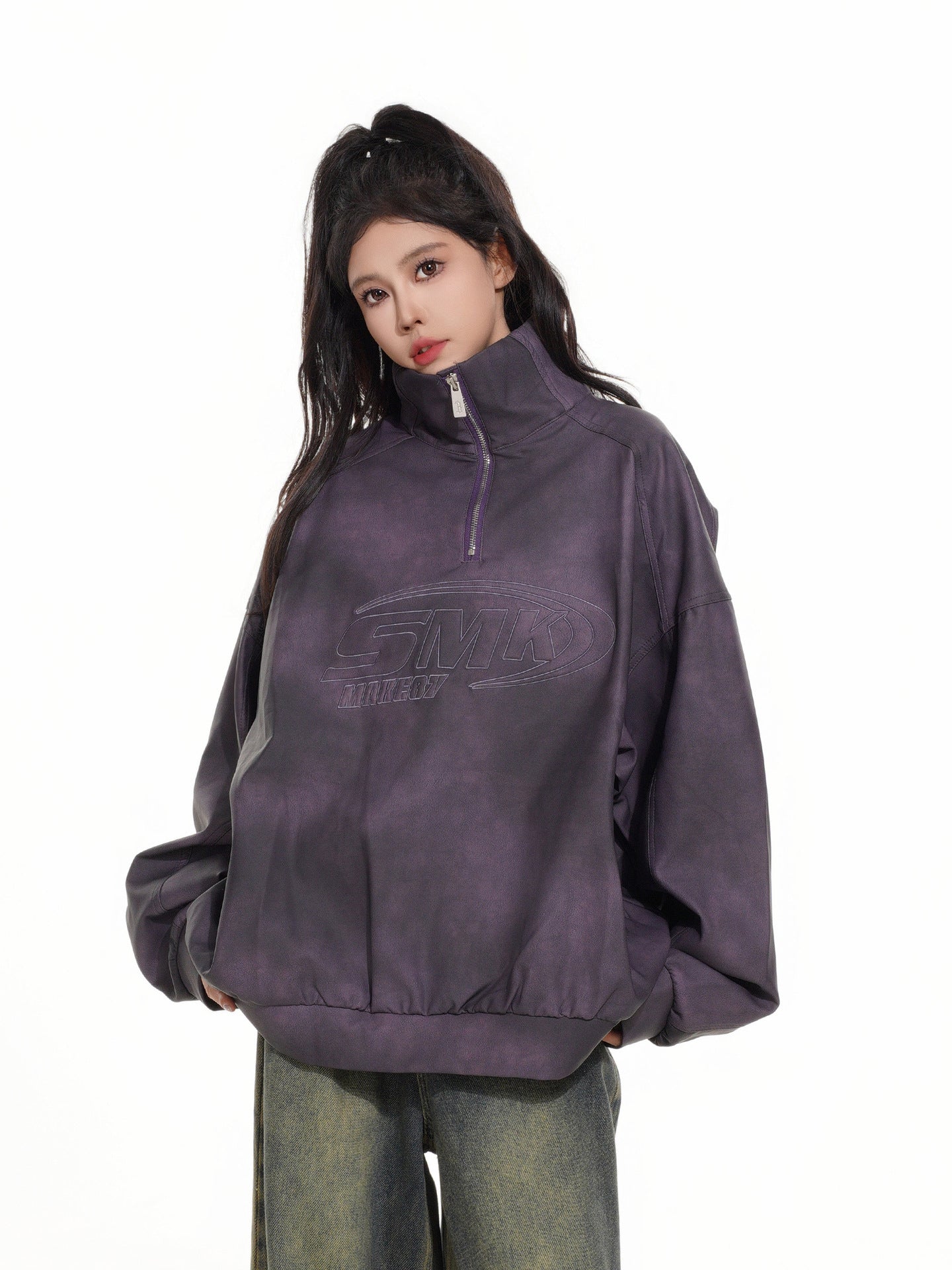 Sweat-shirt SMK à demi-zip – Col montant vintage effet délavé à l’acide