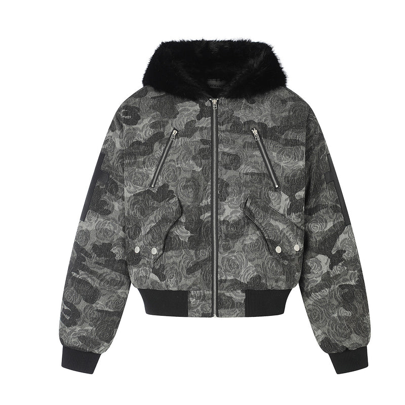 Rose Camo Hooded Bomber Jacket with Faux Fur Collar