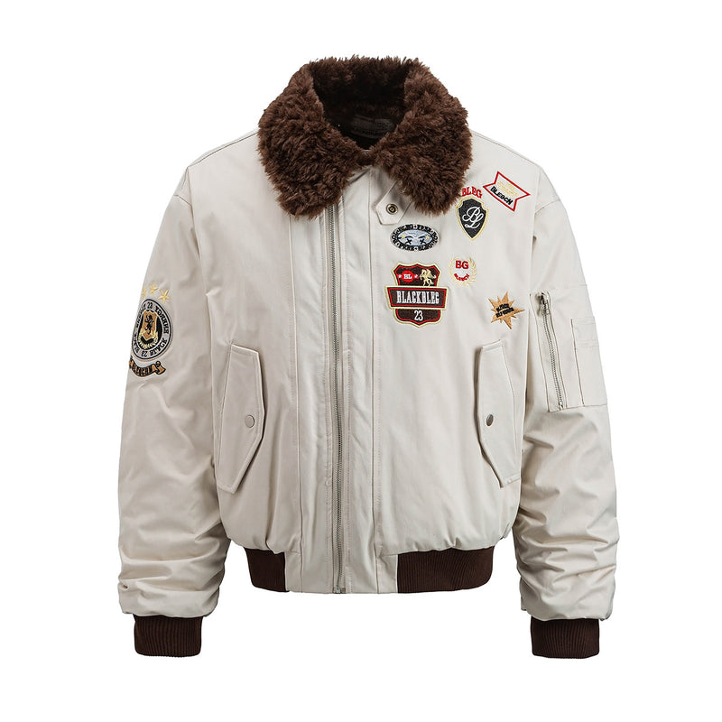 Patch Bomber Jacket with Shearling Collar – Quilted Lined Flight Jacket