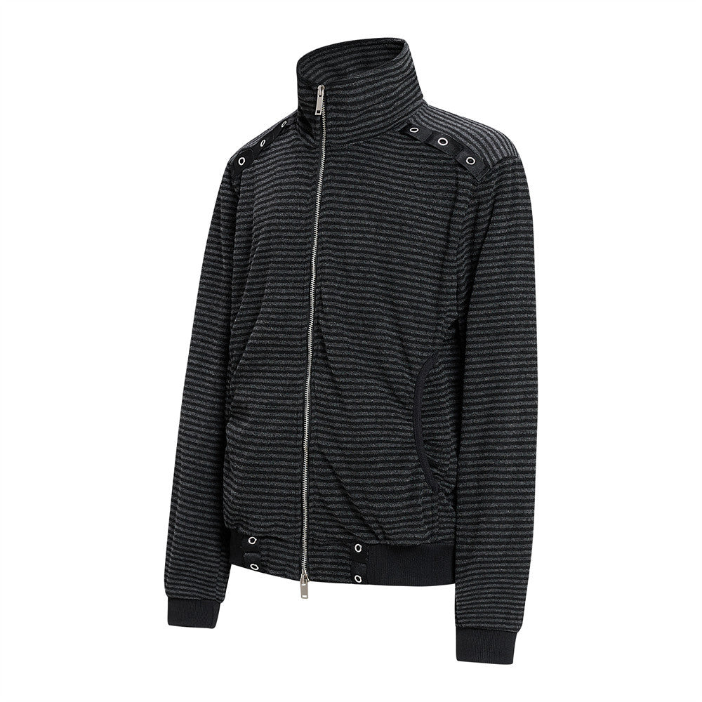 Chaqueta de rayas con cuello mao y cremallera para hombre, con detalles de ojales metálicos