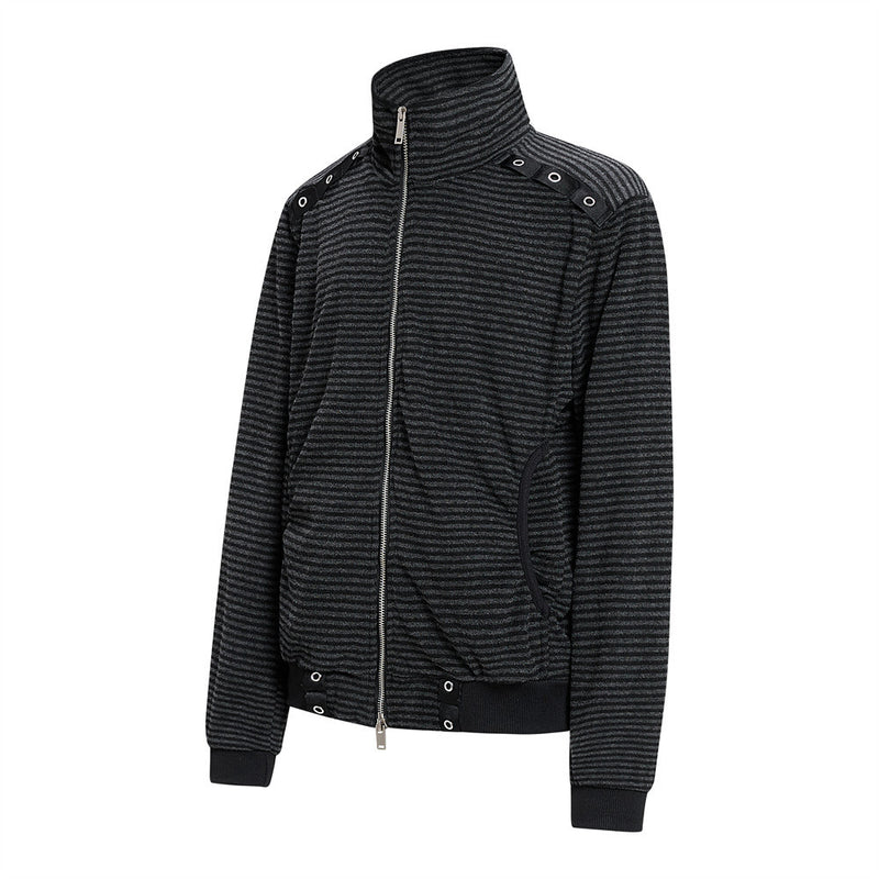 Chaqueta de rayas con cuello mao y cremallera para hombre, con detalles de ojales metálicos
