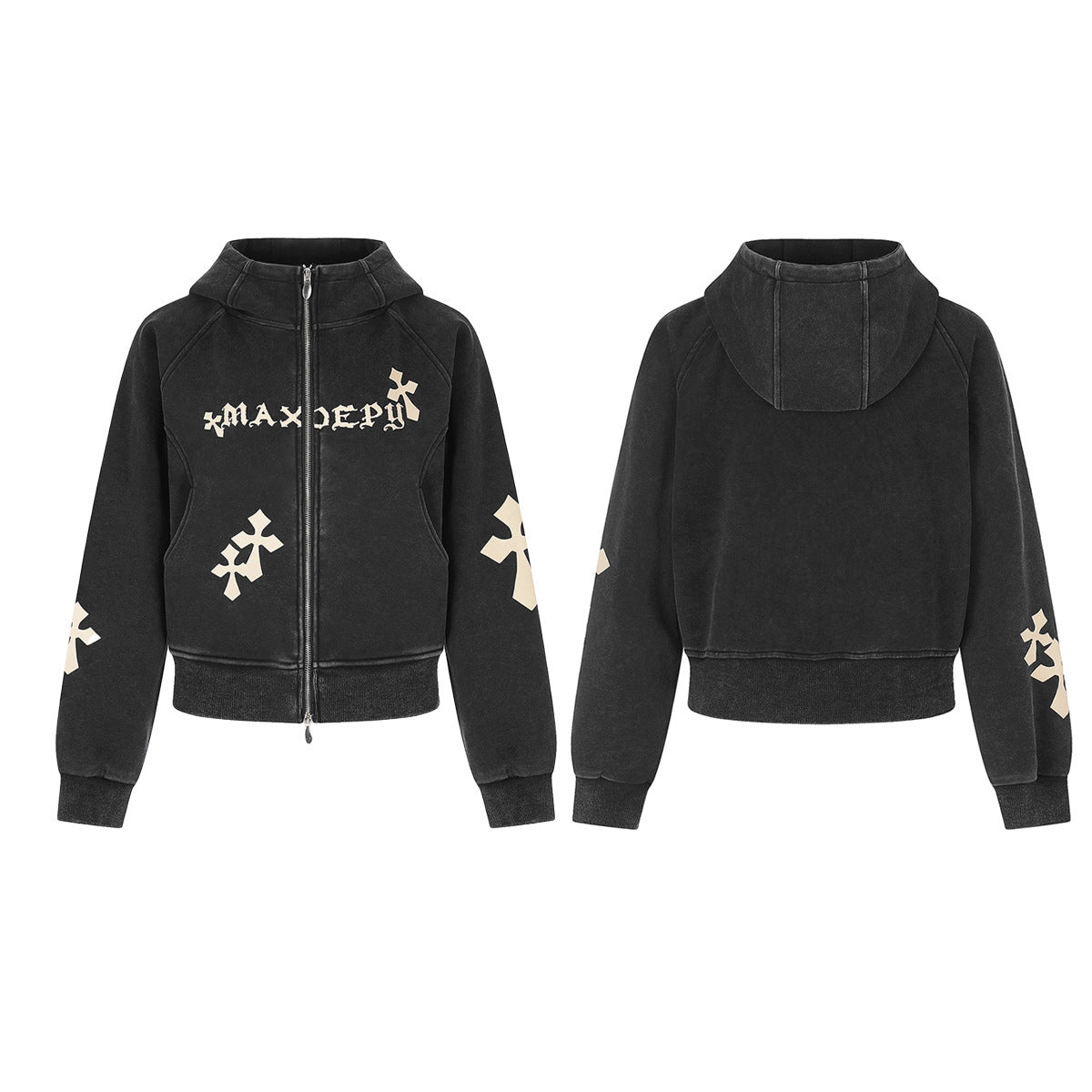 Cross Print Washed Zip-Up Hoodie – Cropped Black Streetwear Jacket