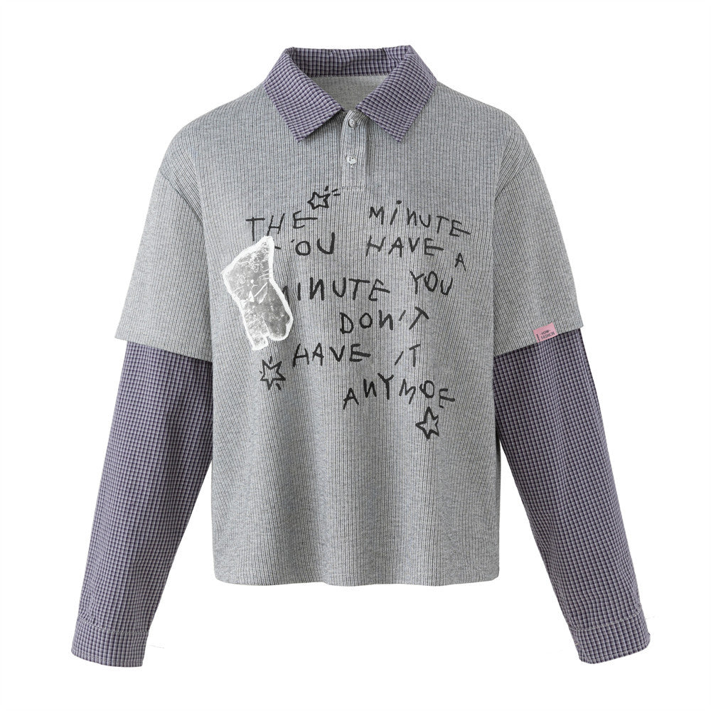 Faux two-piece plaid long sleeve polo shirt with hand-lettered graphic print in grey and purple colorway