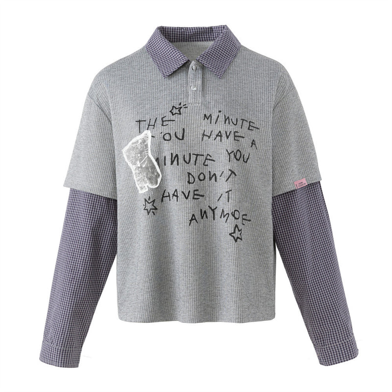 Faux two-piece plaid long sleeve polo shirt with hand-lettered graphic print in grey and purple colorway