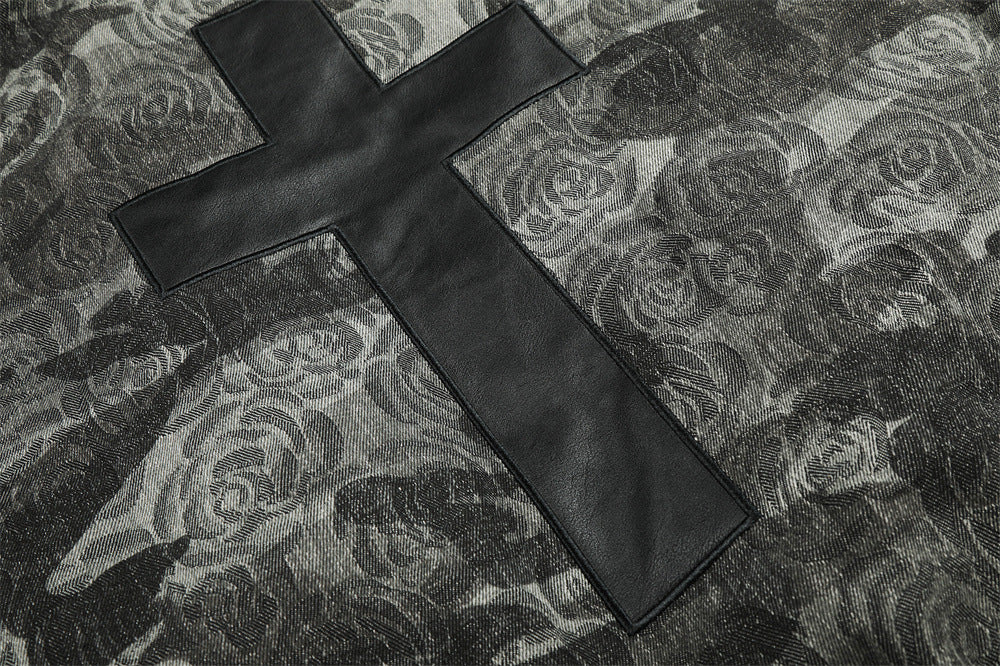 Rose Camo Bomber Jacket with Faux Fur Hood Collar and Cross Back Patch