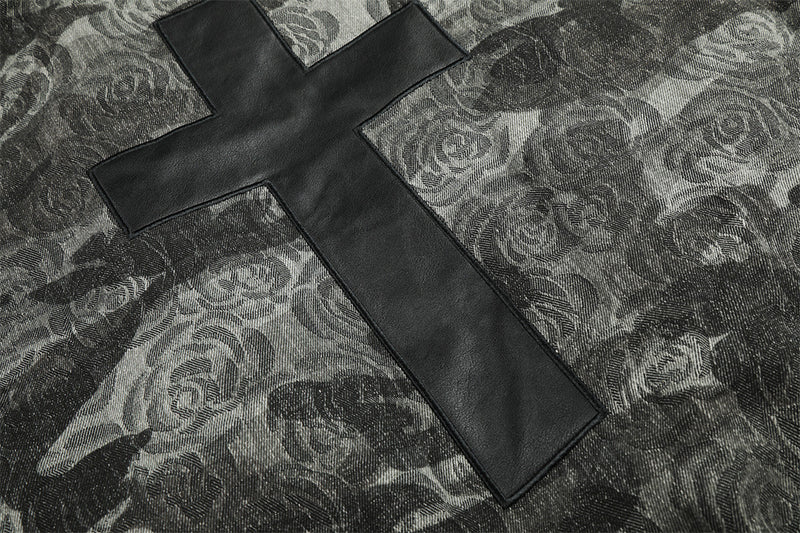 Rose Camo Bomber Jacket with Faux Fur Hood Collar and Cross Back Patch