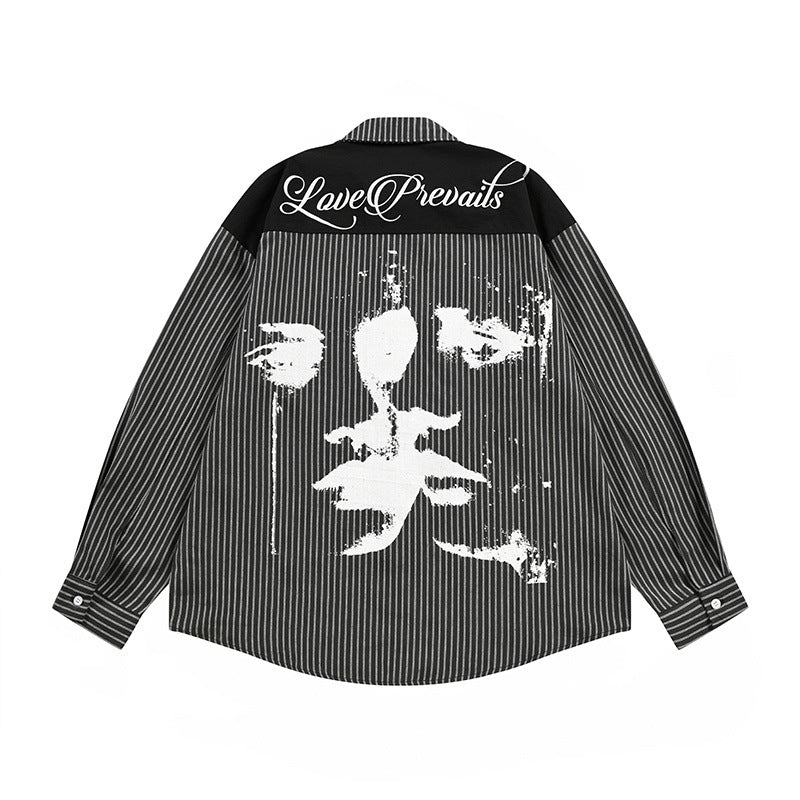 Vertical Stripe Oversized Long Sleeve Shirt with Dark Face Graphic Print