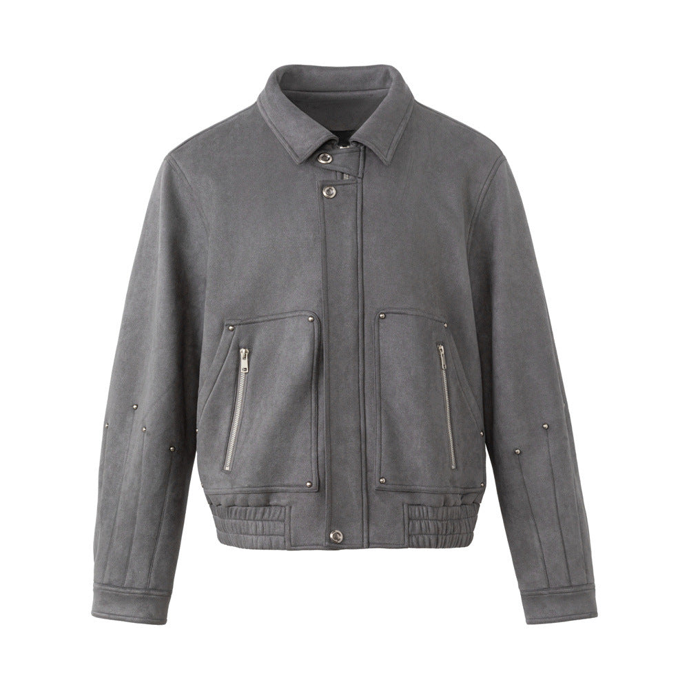 Men's Oversized Bomber Jacket – Grey Suede-Touch Fabric with Stud Details & Zip