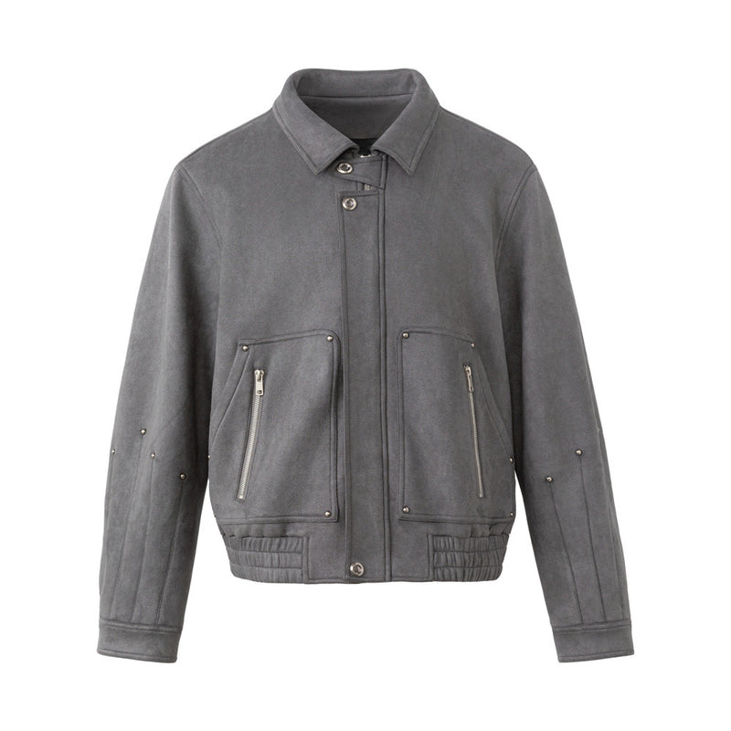 Men's Oversized Bomber Jacket – Grey Suede-Touch Fabric with Stud Details & Zip