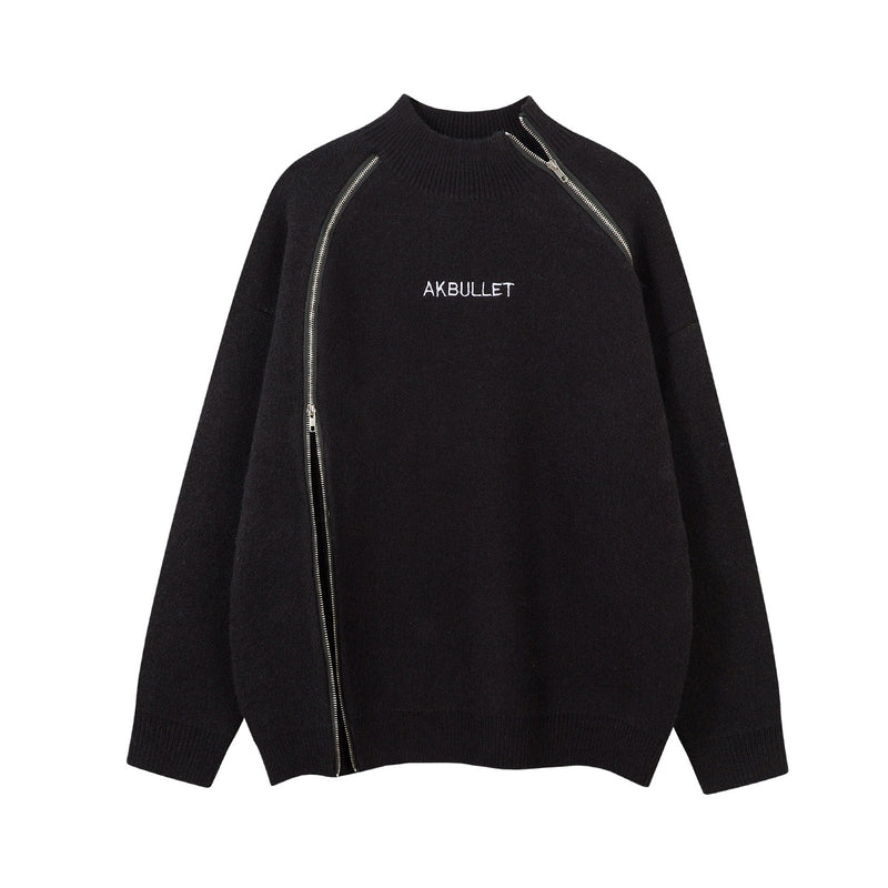Mens Zip Up Sweater – Diagonal Zipper Mock-Neck Knit Pullover