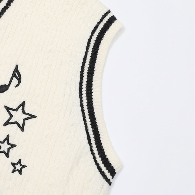 V-Neck Cable Knit Sweater Vest with Music Note Embroidery & Striped Tie Detail