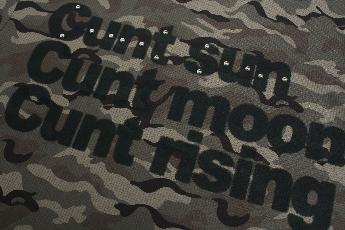 Camo Long Sleeve Waffle Shirt with Studded Graphic Print