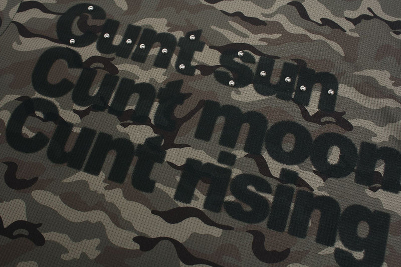 Camo Long Sleeve Waffle Shirt with Studded Graphic Print