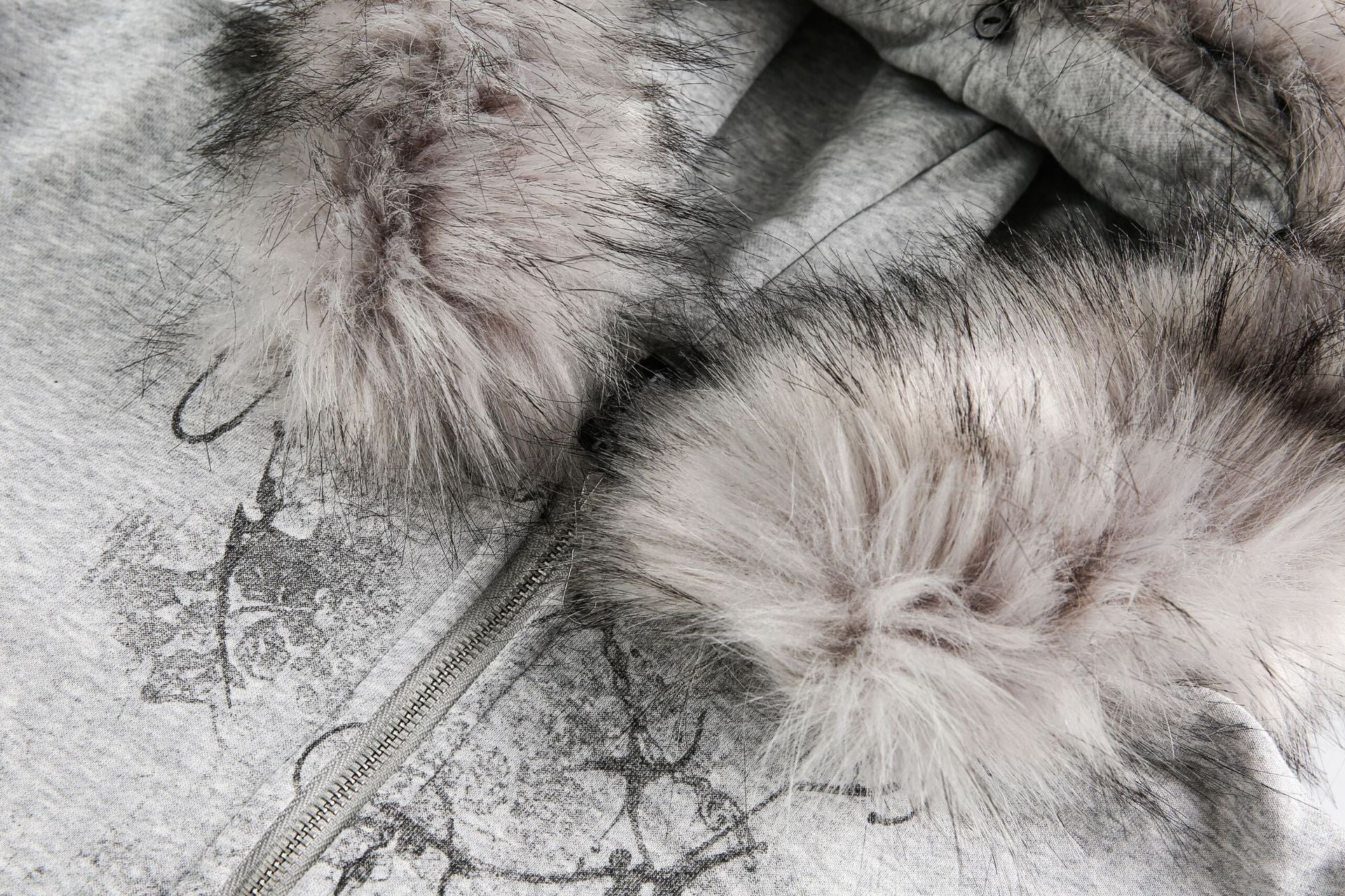 Faux Fur Trim Half-Zip Hoodie with Gothic Floral Graphic Print