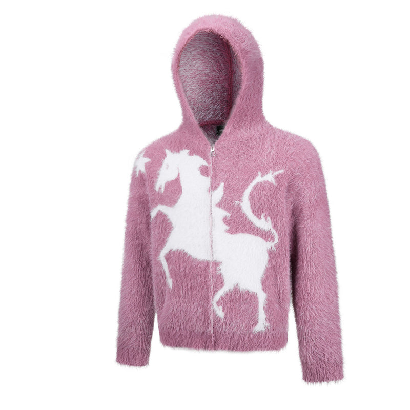 Sweat à capuche zippé en maille duveteuse – Motifs licorne et étoiles