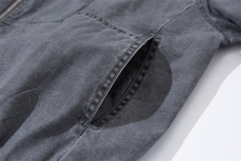 Washed Cargo Bomber Jacket – Men's Stand Collar Multi-Pocket Workwear Jacket