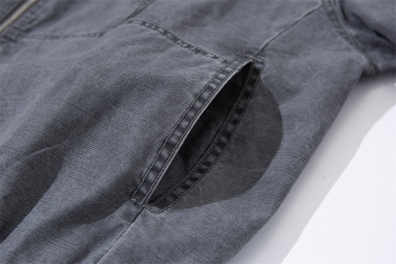 Washed Cargo Bomber Jacket – Men's Stand Collar Multi-Pocket Workwear Jacket
