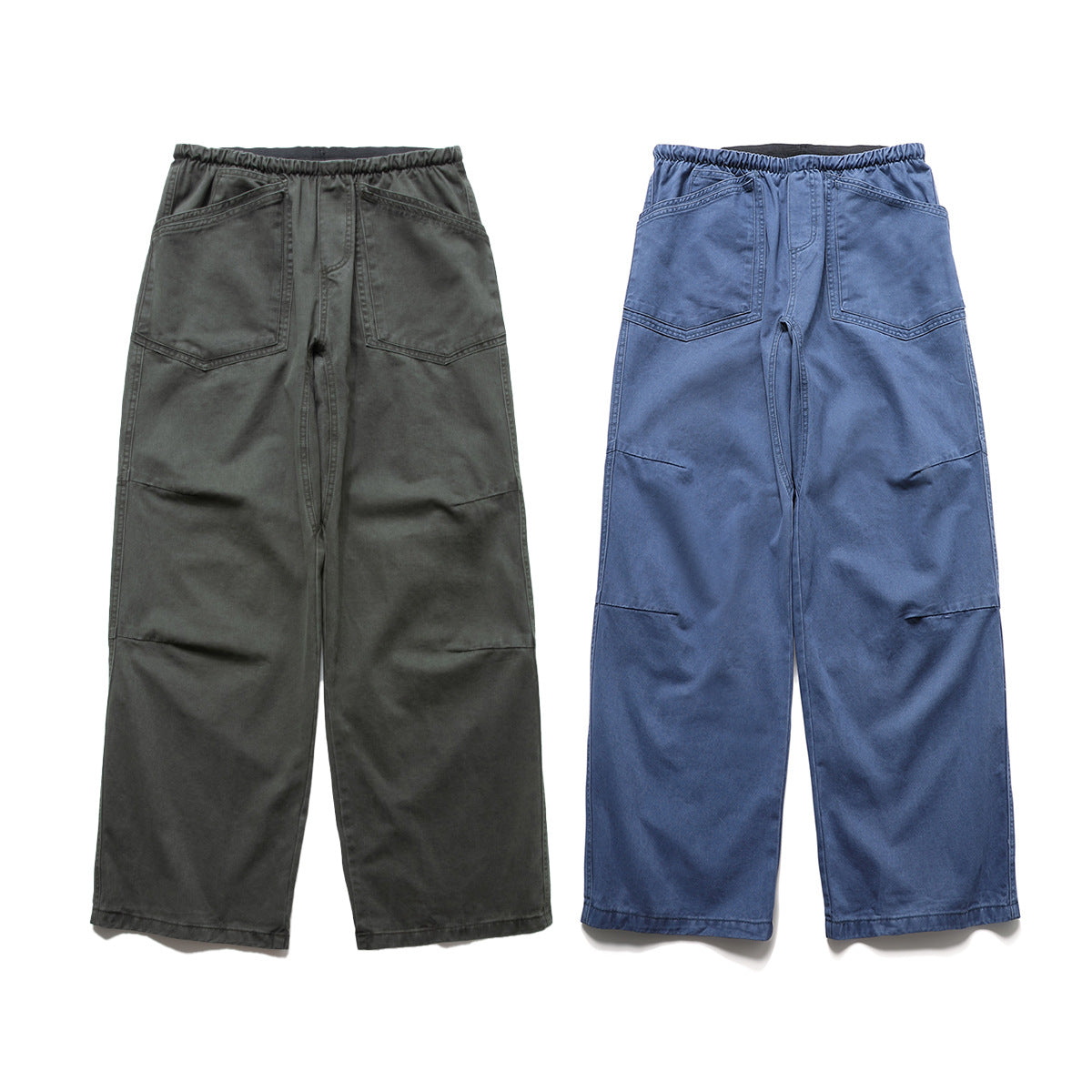 Wide-leg washed cargo pants with patch pockets and elastic drawstring waist in faded blue and olive green