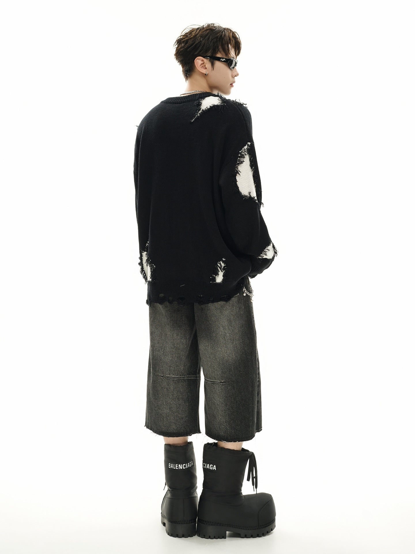 Pull en maille color block effet usé – Pull oversize à franges, style high-street