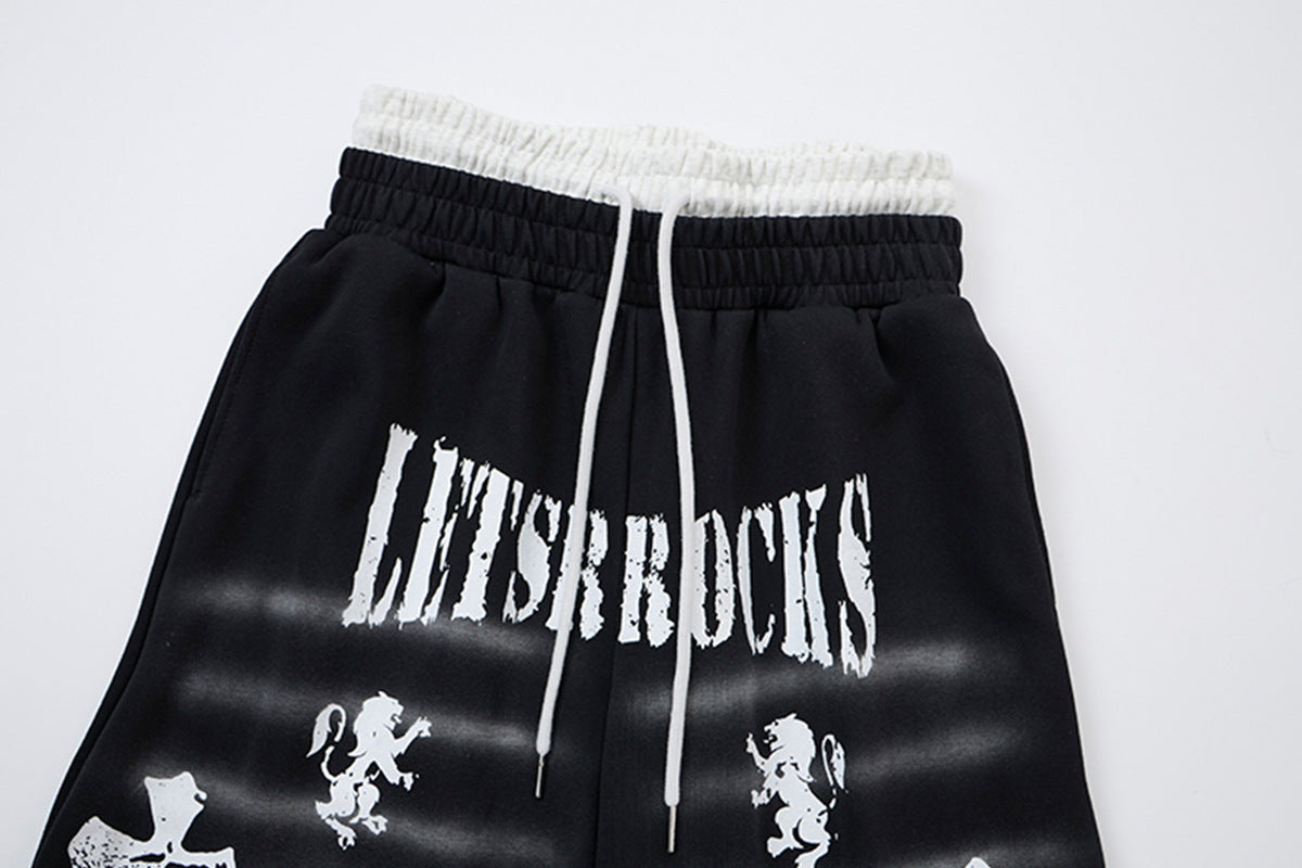 Cross Print Wide-Leg Sweatpants – Streetwear Faux Two-Piece Waistband