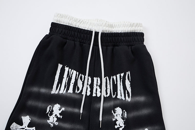 Cross Print Wide-Leg Sweatpants – Streetwear Faux Two-Piece Waistband