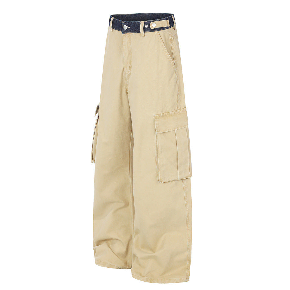 Herren-Cargohose in Khaki mit weitem, geradem Bein und kontrastierendem Denim-Bund