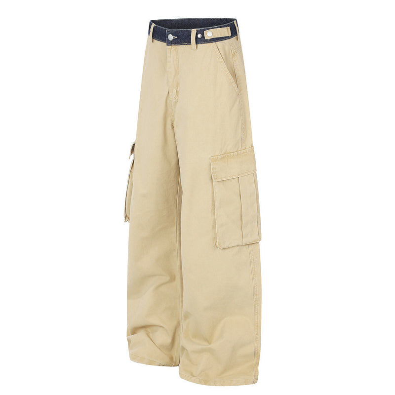 Herren-Cargohose in Khaki mit weitem, geradem Bein und kontrastierendem Denim-Bund