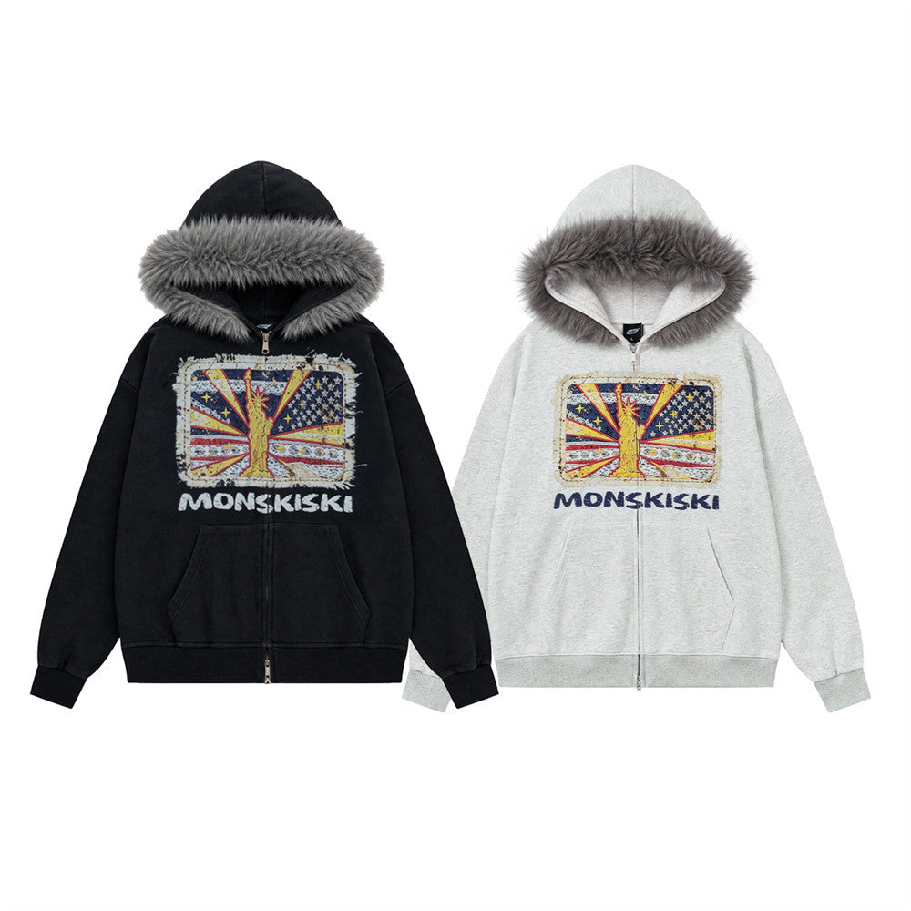 Sweat à capuche zippé oversize avec bordure en fausse fourrure et Statue de la Liberté vintage