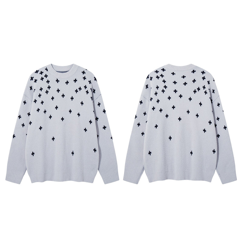 Cross Jacquard Knit Sweater Oversized Crewneck Pullover
