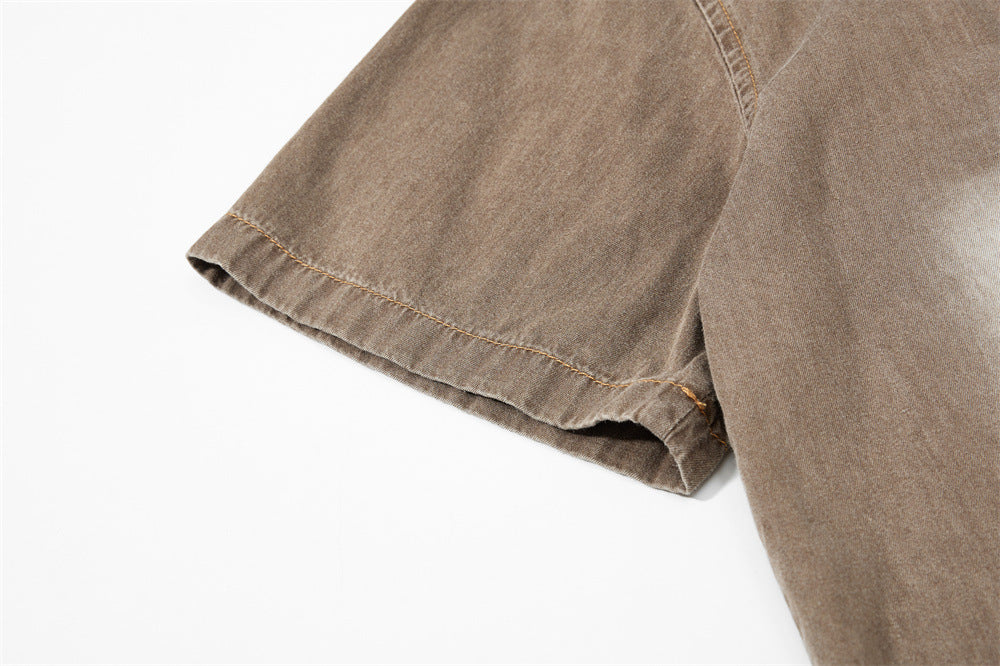 Vintage Sun-Faded Washed Denim Short Sleeve Shirt – Oversized Streetwear Fit