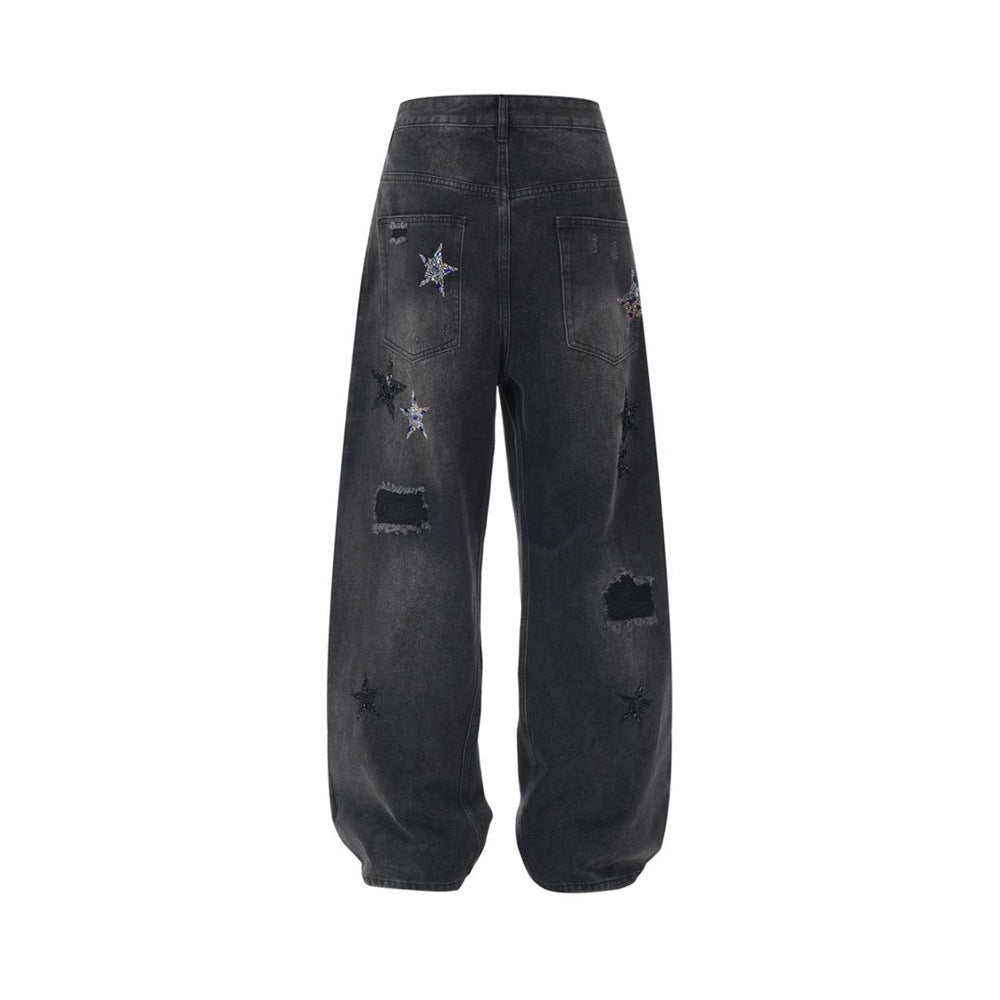 Ripped Baggy Jeans Men – Star Rhinestone & Sequin Wide-Leg Black Distressed