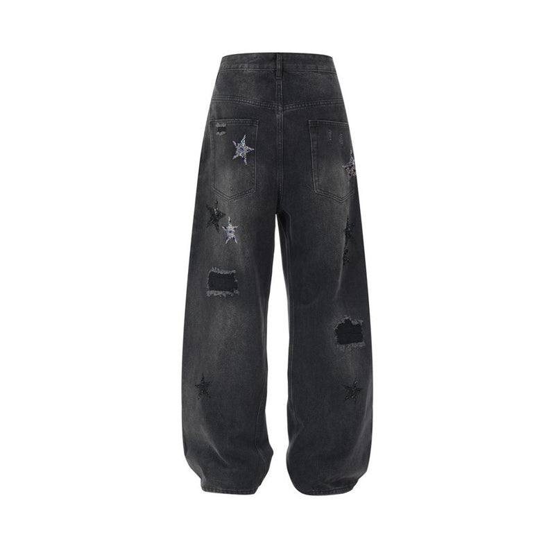 Ripped Baggy Jeans Men – Star Rhinestone & Sequin Wide-Leg Black Distressed