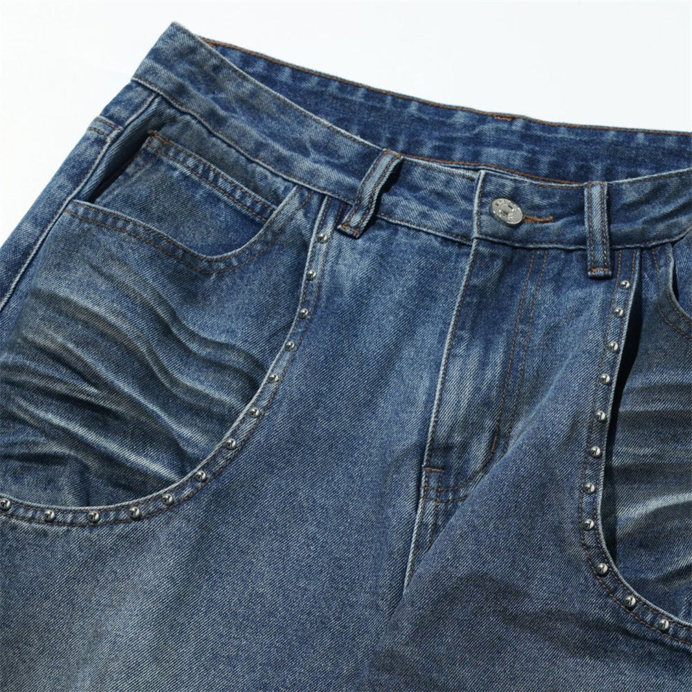 Straight Leg Jeans Mens Wide-Leg Punk Washed Denim with Rivet Pocket Detail
