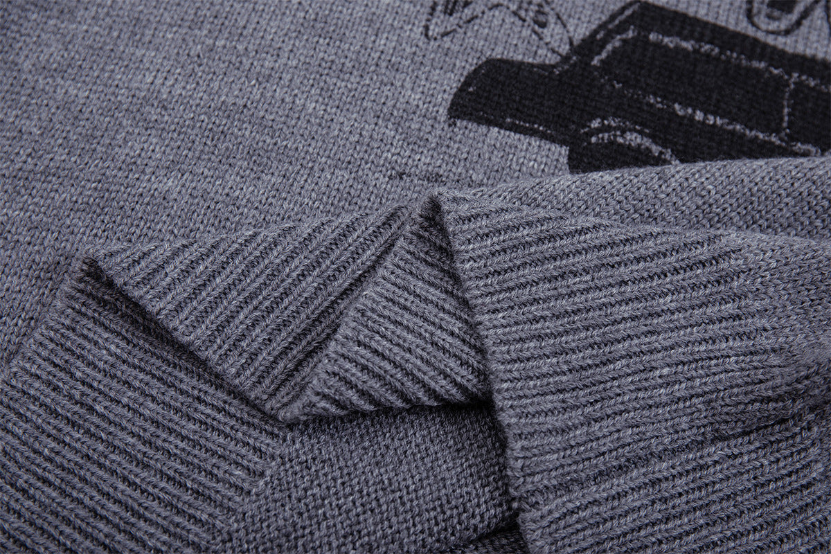 Crew Neck Graphic Knit Sweater – Retro American Campus Style