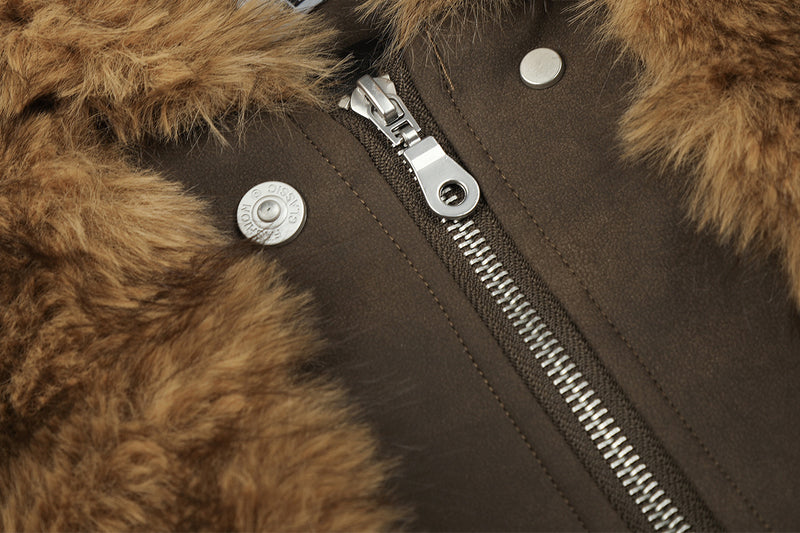 Faux Fur Hooded Bomber Jacket – Brown Oversized Winter Coat with Grommet Cuffs