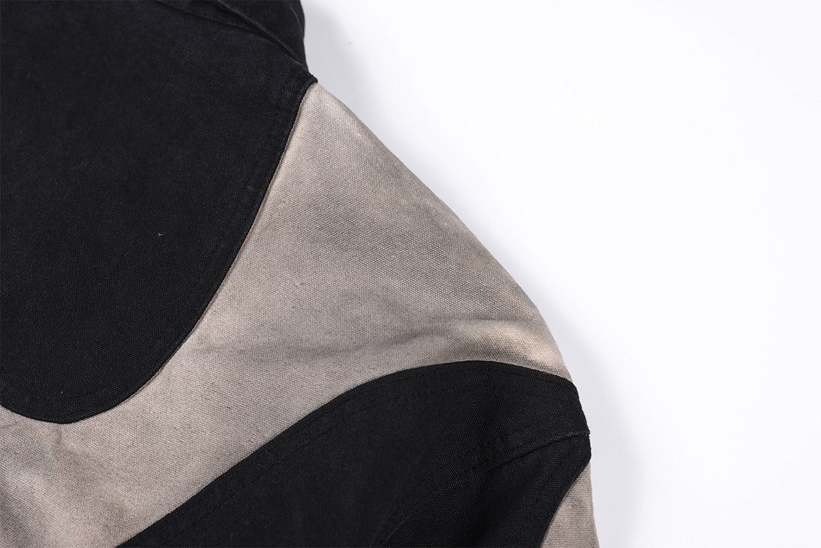 Abstrakte Patchwork-Reißverschlussjacke – Zweifarbig in Schwarz und gewaschenem Grau, verkürzte Harrington-Jacke
